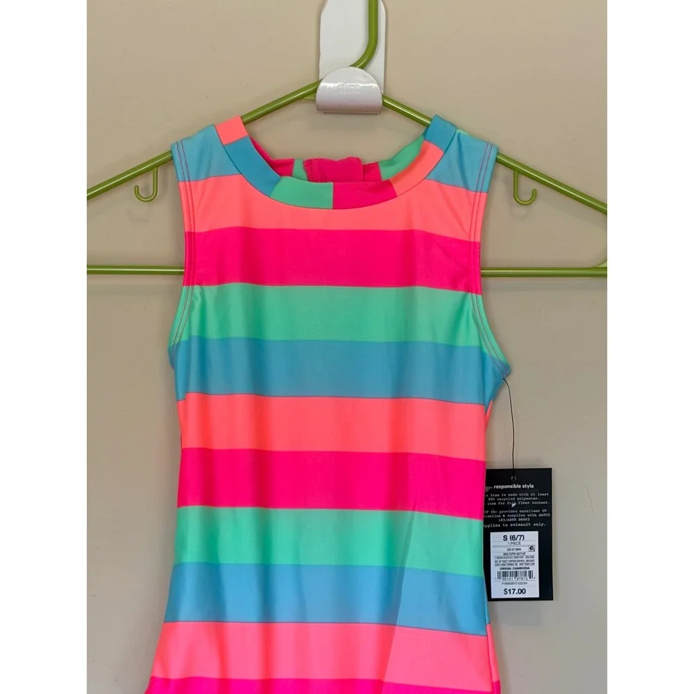 Art Class Multicolor Stripe Back Zip 1pc Swim Bathing Suit Small 6/7 NEW NWT